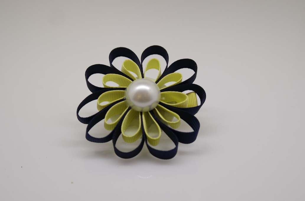 Small petal flower hair Bow with colors  Navy Blue, Baby Maize